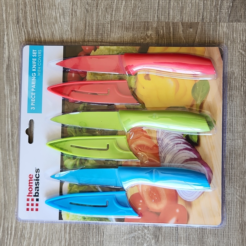 Home Basics 3 Piece Paring Knife Set with Covers NWT
